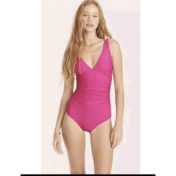 J. Crew Long-Torso Ruched V-neck One-Piece Swim Radiant Fuchsia Pink Siz 20 (855